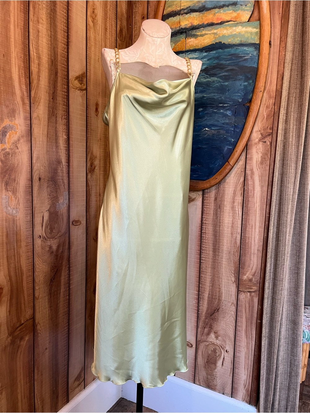 💋 bebe Satin Cowl Midi Dress in Light Olive with Chain Straps